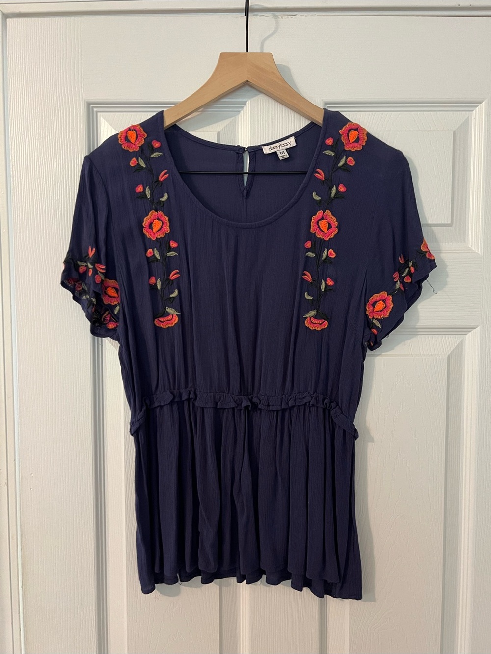 Navy Embroidered Short-Sleeve Peplum Top - Navy